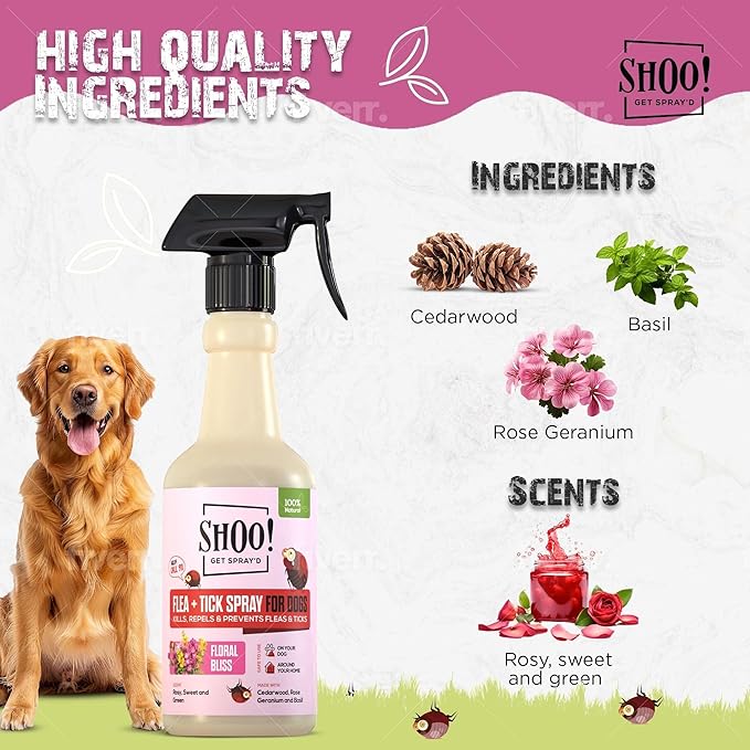 Shoo! Flea & Tick Spray for Dogs and Home | Plant Based, Natural Oils, Chemical Free Formula | Kills, Repels, Prevents | 16 oz (Floral Bliss)-Mewly Pet