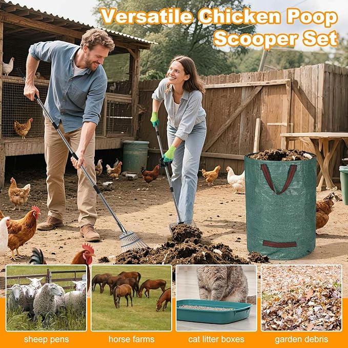 Chicken Poop Scooper Set - Adjustable Coop Scoop with Ergonomic Grip, Rake, Reusable Waste Bag & Gloves - Durable Sand Sifting Litter Shovel for Chicken Coops, Farms, Pet Waste-Mewly Pet