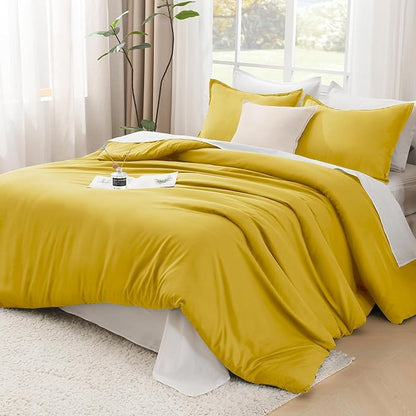 Litanika Mustard Yellow Comforter Set Queen Size, 3 Pieces Lightweight Solid Bedding Comforter Set, All Season Fluffy Bed Set (90x90In Comforter & 2 Pillowcases)