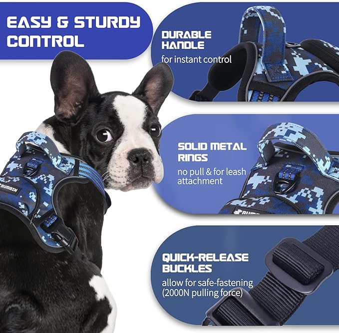 BUMBIN Dog Harness for Large Dogs, No Pull Adjustable No Choke Pet Vest with Dog Leash Fit Smart Reflective Pet Walking Harness for Training Easy Control Soft Handle Blue Camo M-Mewly Pet