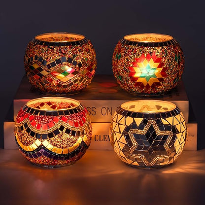 Rancco Handmade Mosaic Glass Tealight Candle Holder Set - 4 Pack with 10.5 oz Long-Lasting Soy Wax Scented Candles - Perfect Aromatherapy Gifts for Women, Moms, Birthdays, Spa Days, and Christmas