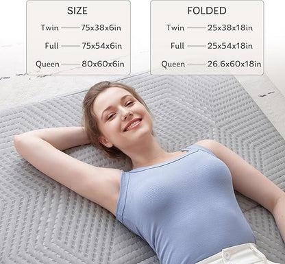 Tri-Fold Memory Foam Mattress, 6 inch Queen Folding Topper with Collapsible and Washable Cover, Travel and Guest Mat, 80"×60"×6", Grey