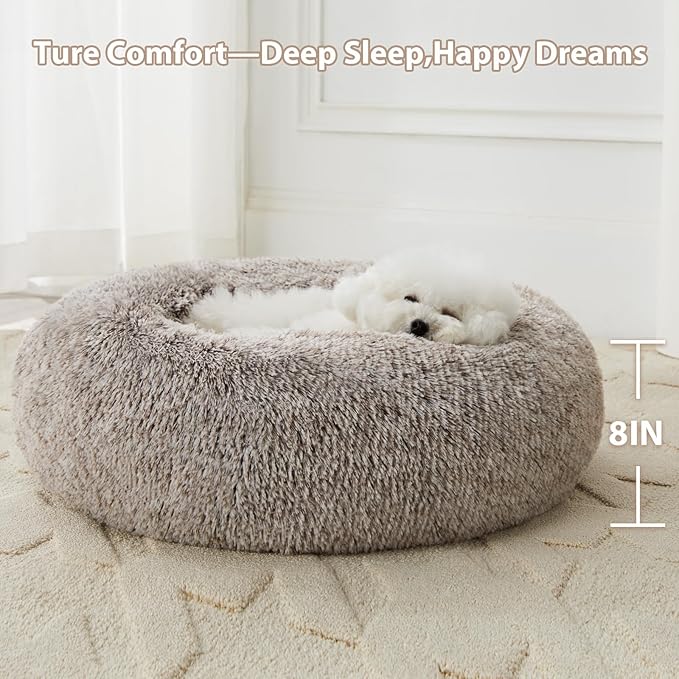 WNPETHOME Calming Dog Bed Cat Bed Donut, Faux Fur Pet Bed Self-Warming Donut Cuddler, Comfortable Round Plush Dog Beds (20 x 20 inch, Light Coffee)-Mewly Pet