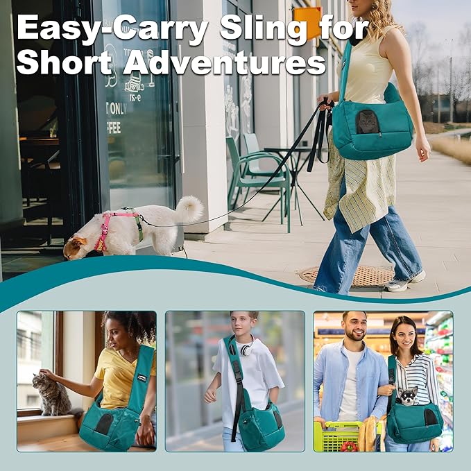 Dog Sling Carrier for Small Pets, Hands-Free Cat Carrier Pouch up to 8.8 lb, Cat Sling with Safety Strap and Pockets, Ideal for Travel and Daily Use, Peacock Blue-Mewly Pet