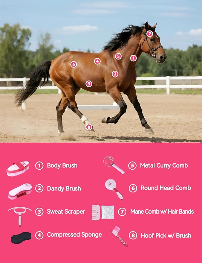 9PCS Horse Grooming Kit Curry Comb Sweat Scraper Horse Bathing Supplies Grooming Tools with Storage Bag Pink Garnet-Mewly Pet