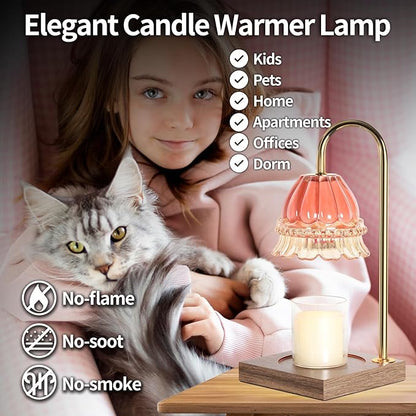 Candle Warmer Lamp, Candle Lamp Wax Warmer, Timer & Dimmer 7-Levels, Compatible All Jar Candles, Top Melting, Glass Candle Heater Lamp for Scented Wax, Elegant Home Decoration, Pink Flower