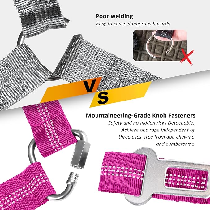 Removable Dog Seat Belt Harness for Car, 3 in 1 Pet Dog Car Seatbelt Leash, Retractable Restraint Secures to Vehicle Headrest & Adjustable Reflective Bungee Dog Seatbelt Tether, Rose-Mewly Pet