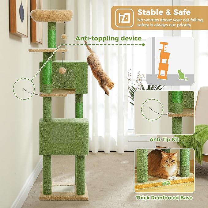 Cactus Cat Tree, 62-Inch Large Cat Tower for Multi-Cat Households w/Scratching Posts, Multi-Level Condo w/Cozy Top Perch & Scratching Pad, Padded Platform, 2 Pompoms, Green-Mewly Pet