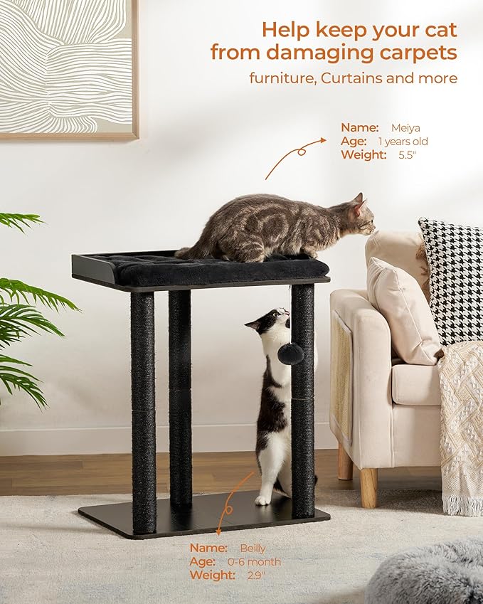 FourFurPets 26.7in Cat Tree Tower Condo, Cat Scratch Posts for Indoor Cats, Big Plate, Three 23.6in Full Sisal Scratching Posts, Black-Mewly Pet