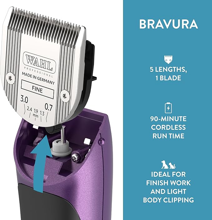 WAHL Professional Animal Bravura Lithium Ion Clipper - Pet, Dog, Cat, and Horse Corded/Cordless Clipper Kit, Purple (41870-0423)-Mewly Pet