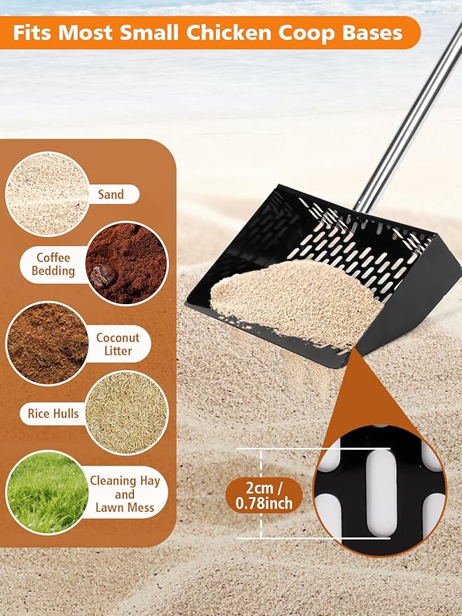 Chicken Poop Scooper with Ergonomic D-Grip 64" Long Handle 4 Sections Adjustable Stainless Steel Chicken Coop Scooper for Sand Sifting Shovel Farm Beach Garden Yard Waste Litter Pooper Cleaning Tools-Mewly Pet
