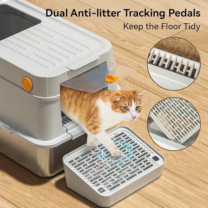 XL Stainless Steel Cat Litter Box with Easy-Open Lid, AOTRUTII Enclosed Metal Litter Box for Big Cats, Front Entry & Top Exit, High Sided, Anti-Leak, Non-Stick, Easy to Clean, Includes Scoop-Mewly Pet