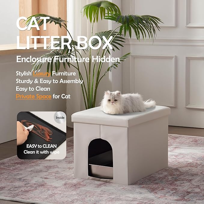 MEEXPAWS Cat Litter Box Enclosure Furniture Hidden, Cat Washroom Bench Storage Cabinet |Large 25.6'' x 17.7'' x 17.7''| Dog Proof | Waterproof Inside/Easy Clean | Easy Assembly | Odor Control(Black)-Mewly Pet