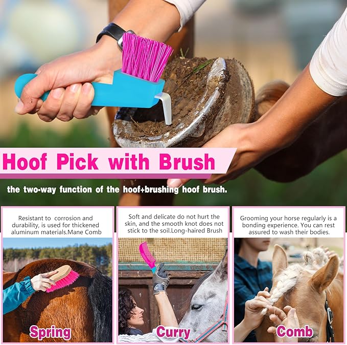 Abbylike 12 Pieces Horse Grooming Kit Racing Festival Tack Room Supplies Horse Brush Sets Equine Care Cleaning Kit Shedding Grooming Massaging Tools(Rose Red)-Mewly Pet
