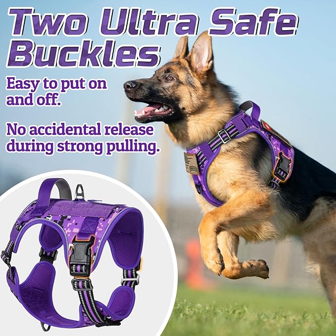rabbitgoo Tactical Dog Harness for Large Dogs, No Pull Military Service Vest with Handle & Molle, Easy Control for Training Walking, Adjustable Reflective Straps, Purple Camo, L-Mewly Pet