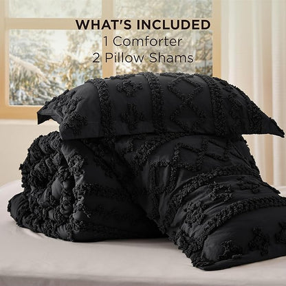Bedsure Tufted Boho Comforter Set Oversized King - Black Boho Bed Set, GentleSoft™ 3 Pieces Farmhouse Shabby Chic Embroidery Bedding, Gifts for Woman, Soft Jacquard Comforter for All Seasons