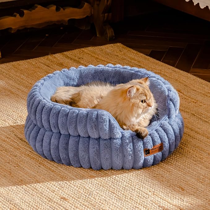 MEWOOFUN Cat Beds for Indoor Cats, Washable Dog Bed for Small Dogs, Round Pet Bed for Puppy and Kitten with Anti-Slip Bottom (Blue, 20"x20"x8")-Mewly Pet