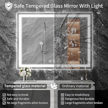 Koonmi 40x60 LED Bathroom Mirror, Backlit + Front Lit, LED Bathroom Mirror with Lights for Wall, 3 Colors, Anti-Fog, Dimmable Brightness, Memory Function, Tempered Glass