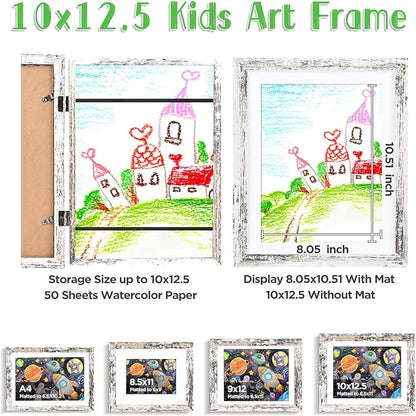 KINLINK 10x12.5 Kids Art Frames Set of 2, Solid Wood Kids Artwork Frames Changeable with Acrylic Front Opening Holds 150 Pictures, Art Frame for Kids Artwork with Mat or without Mat, Rustic White