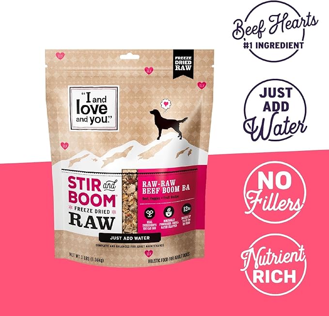 I AND LOVE AND YOU Stir and Boom Dehydrated Freeze Dried Raw Dog Food - Beef - Grain Free, Real Meat, No Fillers, 1lb Bag-Mewly Pet