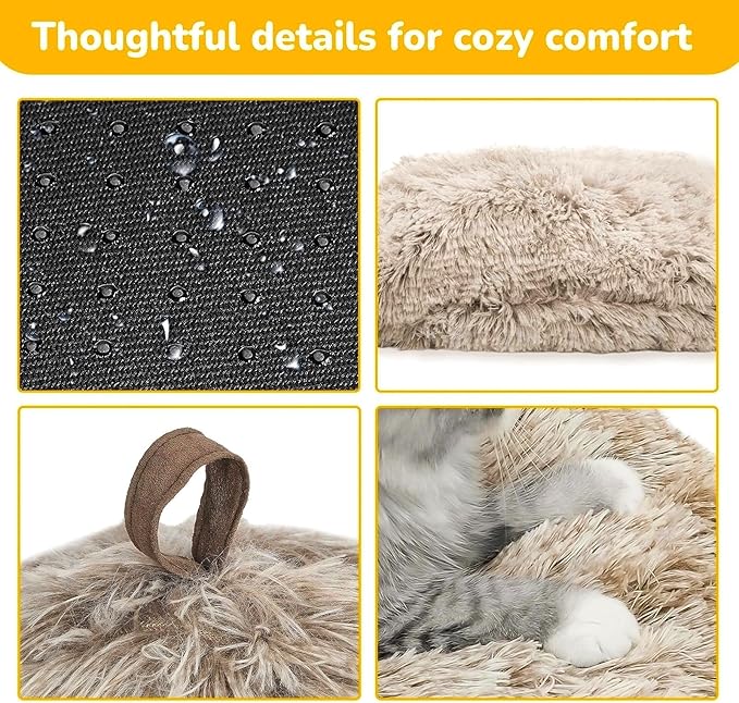 CATISM Cat Bed, Cat Cave for Indoor Cats, Soft Cat Dome, Self-Warming 2 in 1 Foldable Pet Cat House with Washable Cushioned Pillow Calming Fluffy Dog Beds for Small Dogs with Anti-Slip Bottom Brown-Mewly Pet