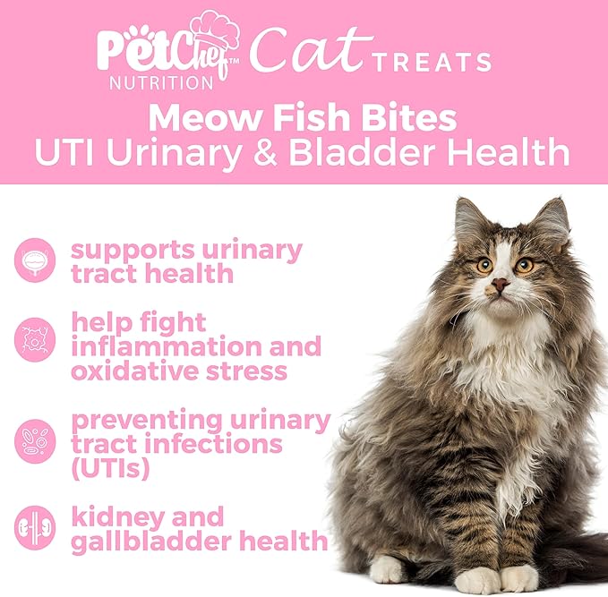 Pet Chef Feline Treats - Fix Cat UTI - Natural & Organic UTI Remedy for Cats. Feline UTI Prevention - Low Calories- Reduce cat Fur Balls, and Vomiting. Cat Urine Crystals Prevention.-Mewly Pet