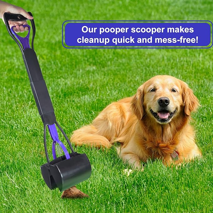 Pooper Scooper with Bags, 32" Long Handle Dog Poop Scooper for Large Medium Small Dogs, Durable Spring and High Strength Material Foldable Waste Pickup Tool for Easy Grass and Gravel Pick Up, Blue-Mewly Pet