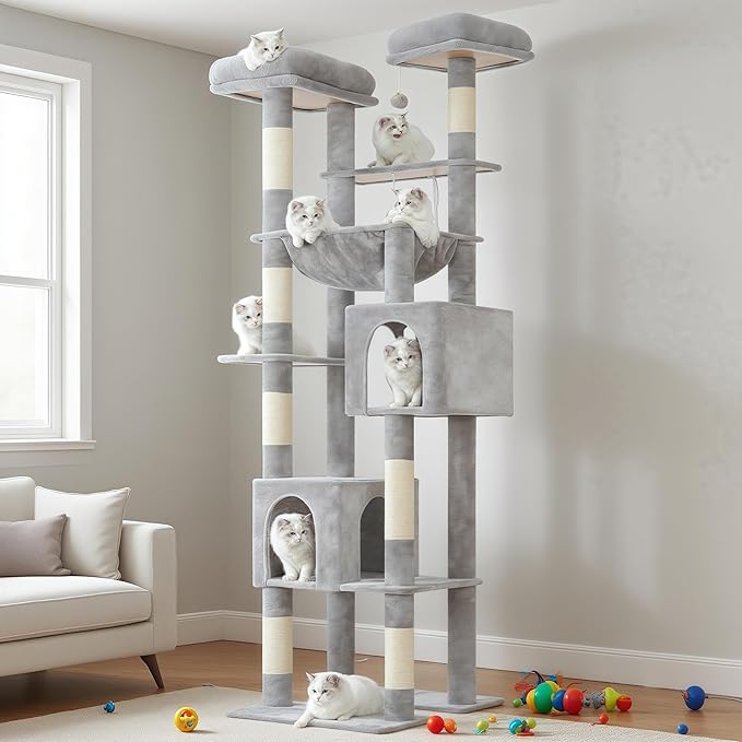 Hey-brother Tall Cat Tree Tower, Heavy Duty Scratching Posts with Large Platforms, Cozy Condos, Big Hammock, Toy Balls, Multi-Level Furniture for Indoor Adult Cats, 80.7 Inches, Light Gray MPJ039W-Mewly Pet