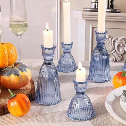 6 Pcs Blue Glass Candlestick Holders (3.5"/6", Assorted)- Tall Taper Candle Holders with Vintage Design, Candle Stick Holders in Bulk for Party Decorations, Blue Candle Holder for Tapered Candles