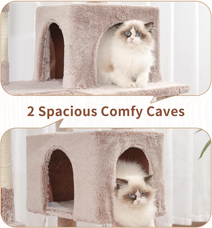 Cat Tree for Indoor Cats, 71'' (180cm) Multi-Level Cat Tower for Large Adult, Sturdy Cat Tree House with 2 Scratching Boards 7 Posts, 2 Plush Perches/Condos, Hammock, Muchroom GCT032MU-Mewly Pet