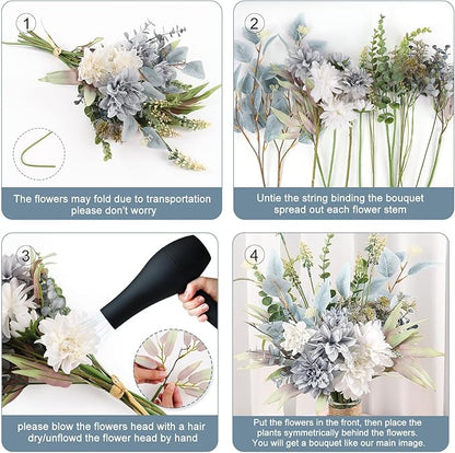 2 Pcs Fake Artificial Flowers Bouquet for Decoration, Silk Flower Arrangements Faux Flowers Plant Wedding Bride Bouquets Tables Centerpieces for Home Decor Indoor Vase Floral Table Decor (Blue White)