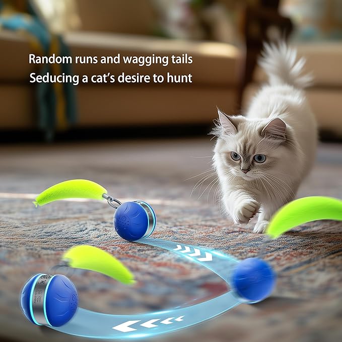 Interactive Cat Toys for Indoor Cats with 3 Mouse Tails,Electric Cat Ball Toy with Bird Chirping Sounds,Automatic Spinning Moving,300mAh Long Endurance Type-C Rechargeable,Pet Cat Supplies (Blue)-Mewly Pet