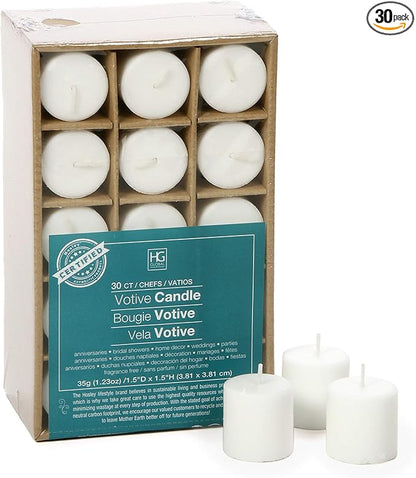 Hosley Set of 30 Unscented White Votive Candles – Bulk Pack, Clean-Burning, Long-Lasting 10-12 Hour Burn Time – Ideal for Weddings, Home Décor, Spa, and Events