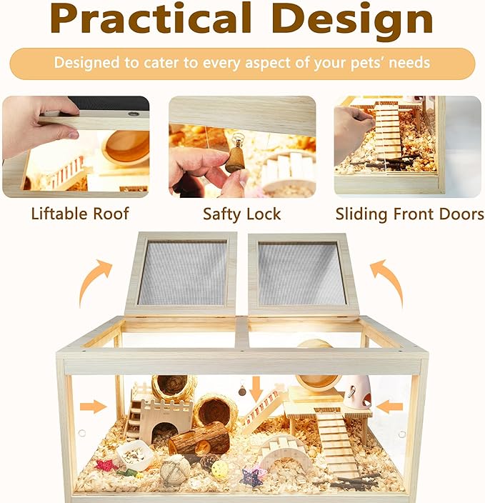 Prolee Hamster Cage Chewproof, Mice and Rat Habitat with Transparent Sides, Hamster Cage with Openable Mesh Top, Solid Built with Lock Design and Leg Stand, 32" Wide-Mewly Pet