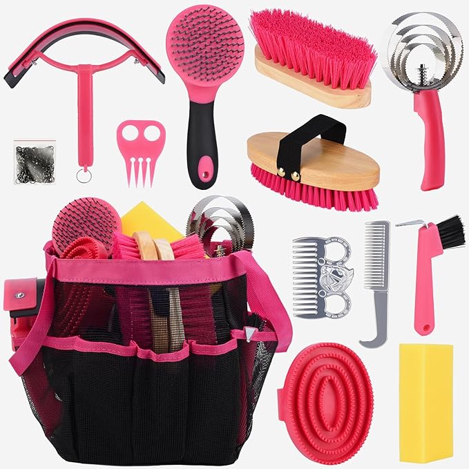 Horse Grooming Kit 13 Piece, Horse Brushes for Grooming Supplies with Tote Bag, Horses Tack Brush Set for Effective Grooming and Cleaning, Gift for Horse Riders Beginners (Pink)-Mewly Pet