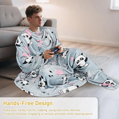 Catalonia Panda Print Wearable Blanket with Sleeves and Foot Pocket – Ultra-Soft Warm Fleece Long Throw Snuggly Blanket for Sleeping & TV Time – Cozy Christmas Gift for Women & Men