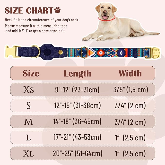 AirTag Dog Collar for Small Medium Large Breed - Adjustable Cute Pattern Dog Collar with Airtag Holder - Soft Leather Tracker GPS Apple Air Tag Pet Collars (X-Large, 20"-25" Neck Fit, Navajo)-Mewly Pet