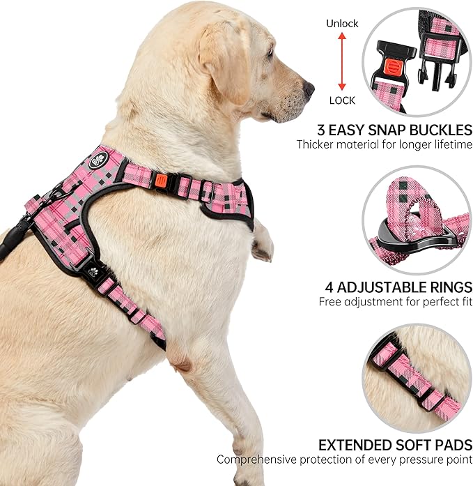 NESTROAD No Pull Dog Harness with Leash, Reflective No Choke Pet Vest Harness,Adjustable Soft Padded Dog Harness with Easy Control Handle for Large Dogs(Checkered Pink,X-Large)-Mewly Pet
