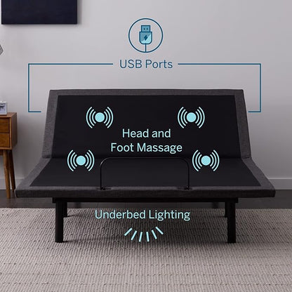 Lucid L600 Adjustable Bed Base Frame - Queen Size - Zero Gravity - Bluetooth - Companion App - Head and Foot Incline - Interactive Dual Massage - Under Bed Lighting - Wireless Remote - Dual USB Ports
