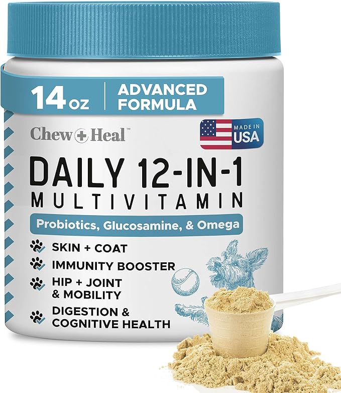 12-in-1 Multivitamin Powder for Dogs - 14 oz of Puppy and Senior Dog Vitamins and Supplements - Advanced Formula with Glucosamine, Omega 3,6,9, Vitamins, Probiotics, and More - Made in The USA-Mewly Pet