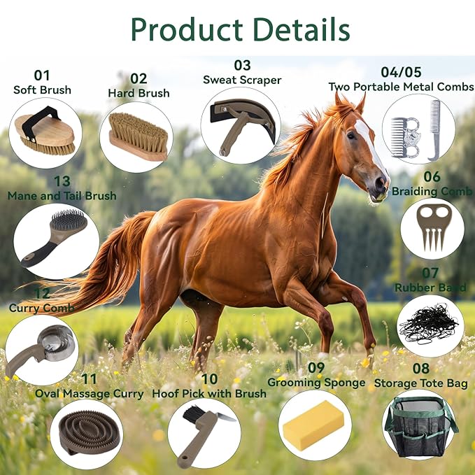 Horse Grooming Kit 13 Piece, Horse Brushes for Grooming Supplies Set with Organizer Bag, Horse Brush & Curry Comb for Effective Cleaning, Gift for Horses Riders Beginners-Mewly Pet