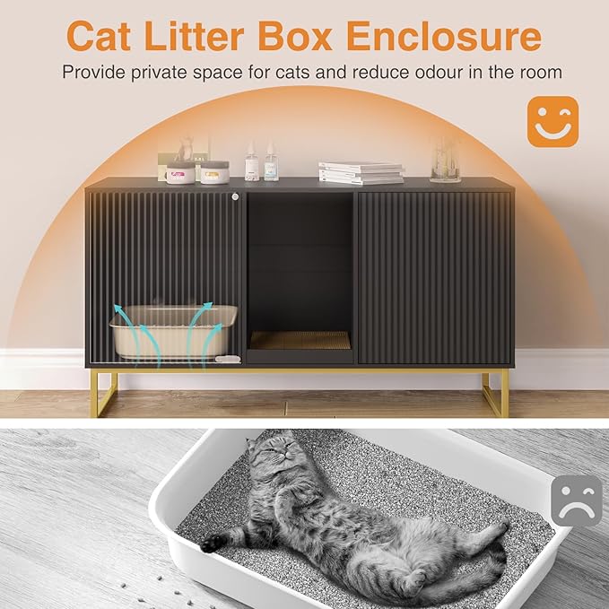 Litter Box Enclosure for 2 Cats, Fluted Hidden Cat Litter Box Furniture with Scratch Pad and Metal Legs, Modern Double Room Kitty House for Living Room, Washroom, 47.2”L x 17.7”W x 25.9”H, Black-Mewly Pet