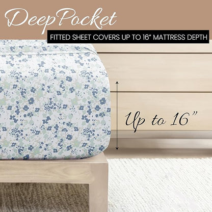 Linen Market Double-Brushed Patterned Microfiber California King Sheet Set 4 Piece – Oeko-TEX Certified Ultra Soft & Wrinkle-Free - 16" Deep Pocket Sheets Easy Care Cal-King Size - Violets Light Blue