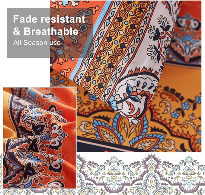 Cottolester Boho Comforter Set Queen Size 8 Piece Bed in a Bag Burnt Orange Paisley Fall Comforter and Sheet Set Bohemian Striped Bedding Set,Soft Microfiber Complete Bedding Set