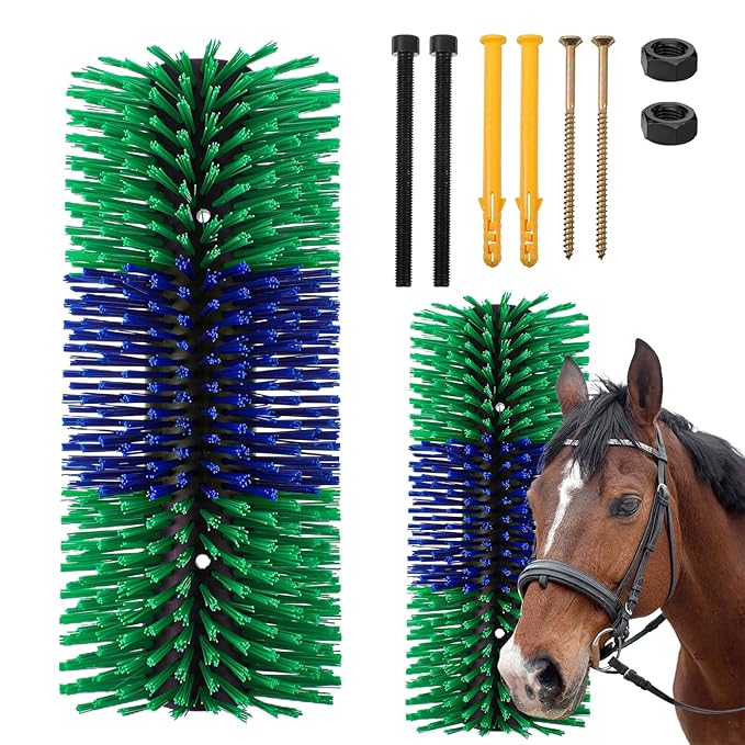 Livestock Scratching Brush, 17.5 x 7.8 Inch Goat Brushes for Grooming, Horse Brushes for Shedding, Livestock Brush with 4 Screws Great for Horse, Elk, Cattle, Pig, Sheep（Green）-Mewly Pet