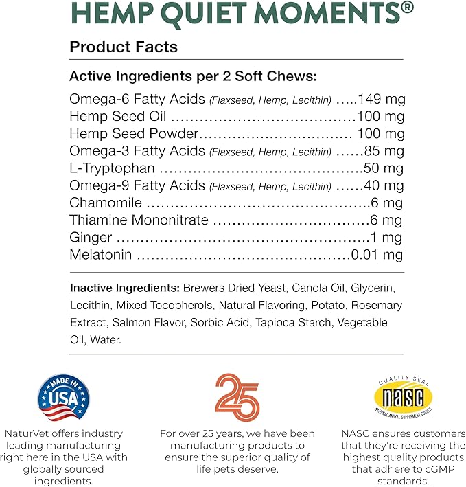 NaturVet Hemp Quiet Moments Plus Hemp Seed for Cats, 60 ct Soft Chews, Made in USA-Mewly Pet