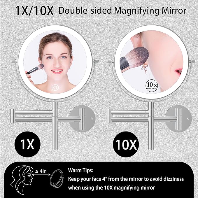 8" Wall Mounted Makeup Mirror with Handle, 3 Color Lights Dimmable and 1X/10X Magnification, Rechargeable Bathroom Wall Mount Magnifying Mirror with Extension Arm Height Adjustable Chrome