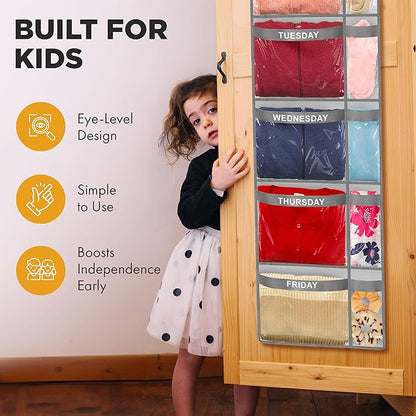 Over the Door Weekly Clothes Organizer - 5 Shelf Hanging Closet Storage with Day of the Week Labels - Weekly Clothes Organizer For Kids - Space-Saving Over Door or Wall Hanging Organizer (Grey)