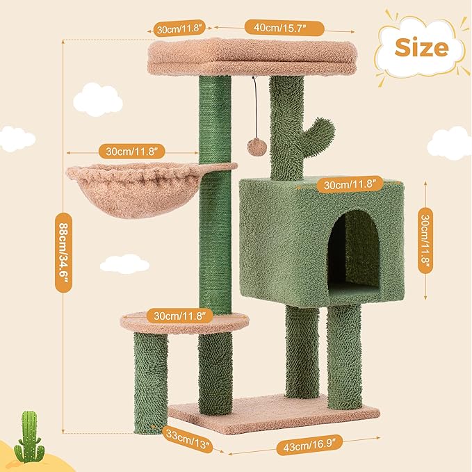 Cactus Cat Tree Small Cat Tower with 32 Inches Scratching Post with Cats Condo House, Cozy Hammock and Removable Top Bed and Dangling Ball for Indoor Cats-34” Green-Mewly Pet