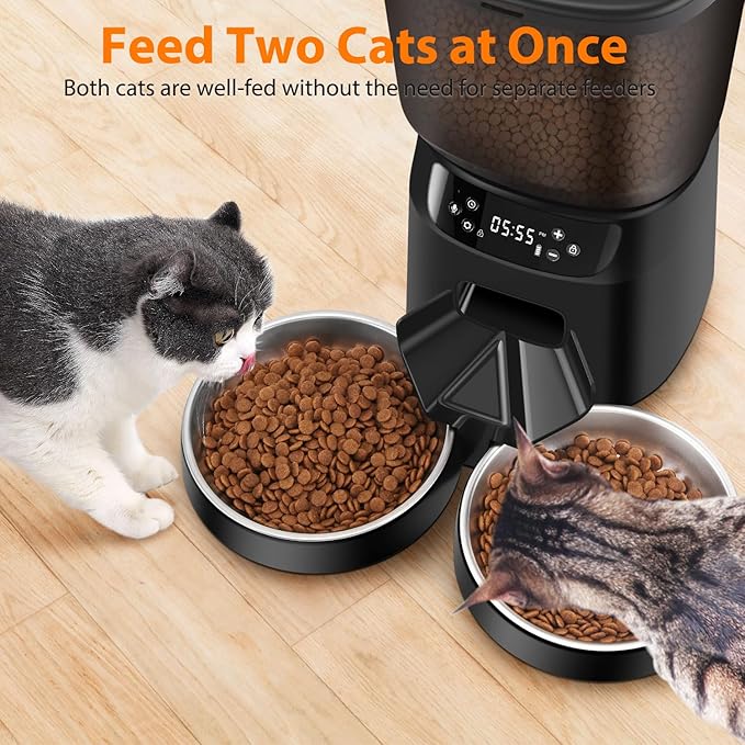 Automatic Cat Feeder and Water Fountain, 5L/20 Cups Timed Cat Dry Food Dispenser, 10s Meal Call, 20 Portions 6 Meals Per Day, 2L Cats Fountains for Drinking with Filter, Pet Feeder for Dog Black-Mewly Pet